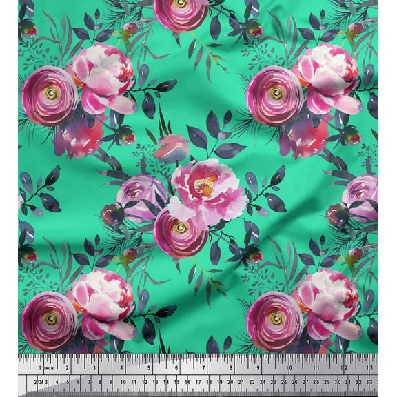 Soimoi Green Cotton Duck Fabric Ranunculus & Penoy Floral Print Fabric by the Yard 42 Inch Wide