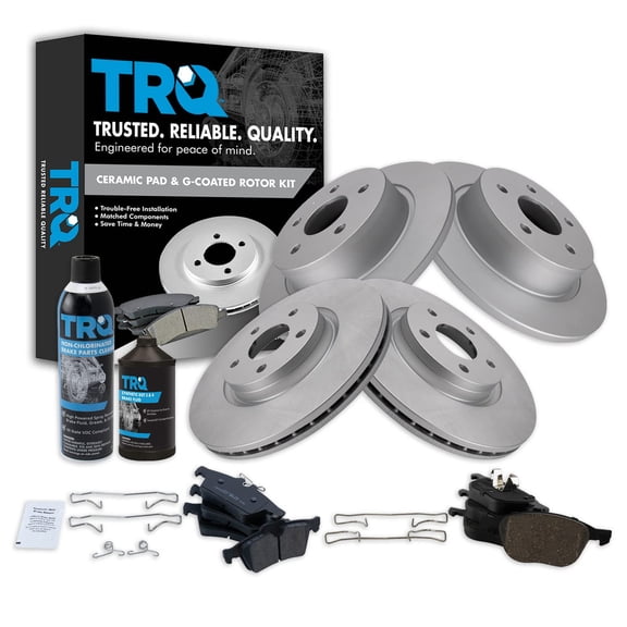 TRQ Front & Rear Ceramic Brake Pad & Coated Rotor Kit w/Fluids for Ford BKA23072