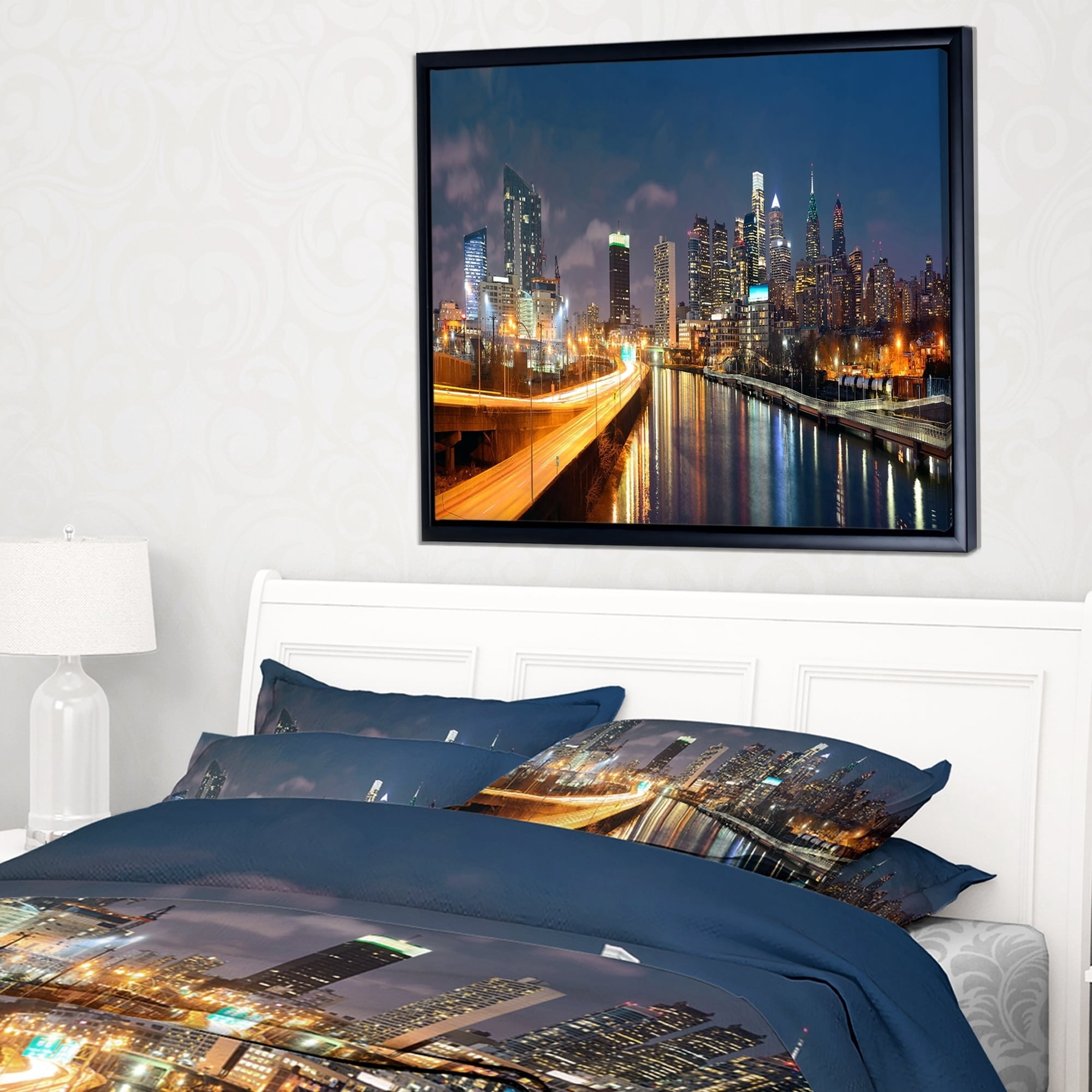 Design Art Philadelphia Skyline at Night Framed Canvas Art Print