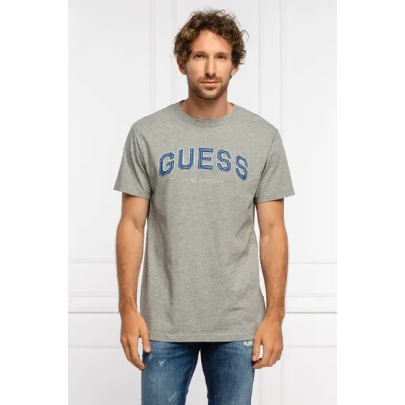 GUESS Mens Eco College Applique Logo Graphic T-Shirt Marble Heather Grey-Medium