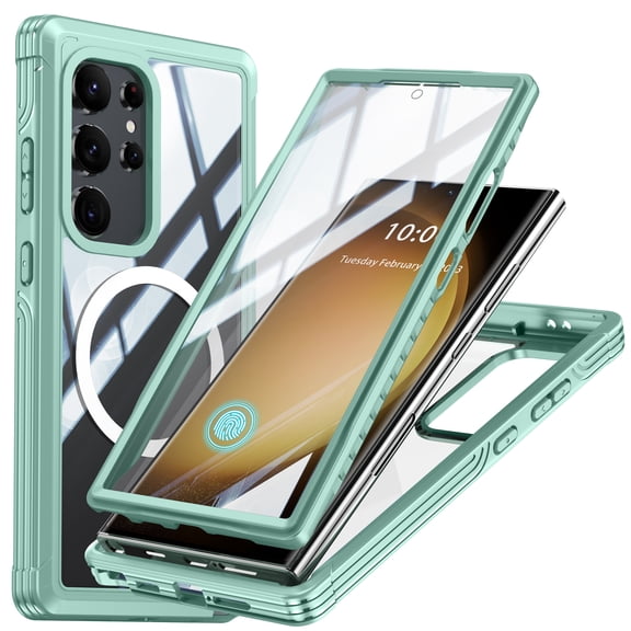 For Samsung Galaxy S24 Ultra Case Compatible with MagSafe, Full Body Rugged Shockproof with Built-in Screen Protector, 360 Degree Military Grade Drop Protection Clear Back Magnetic Cover, Green