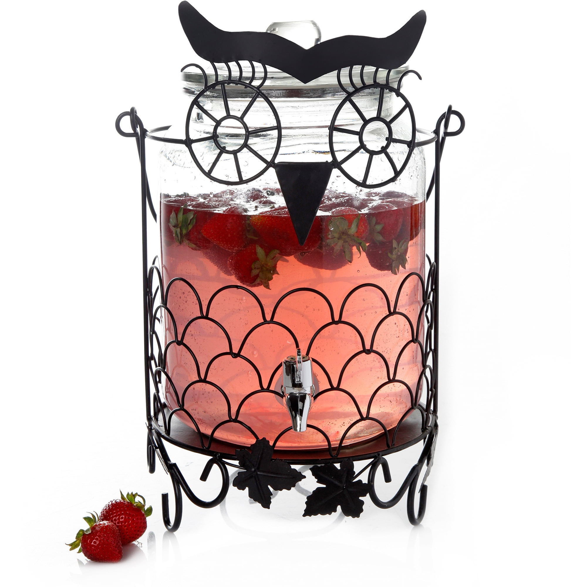 Glass Drink Dispenser+Metal Owl Rack Party Tea Punch Juice Stand Spigot