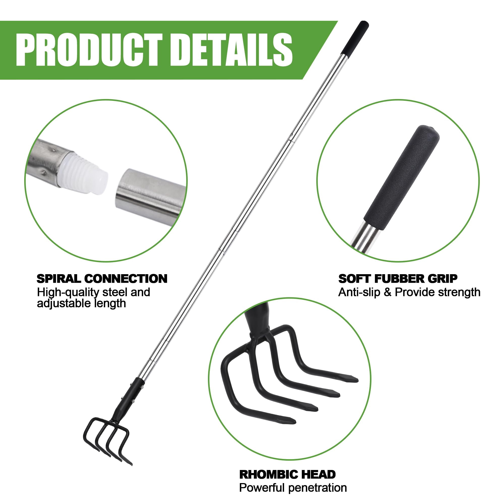 Long Hand Cultivator  Carbon Steel & Stainless Tiller Garden With Telescopic Handle And Soft Cover For Digging Loosening Weeding