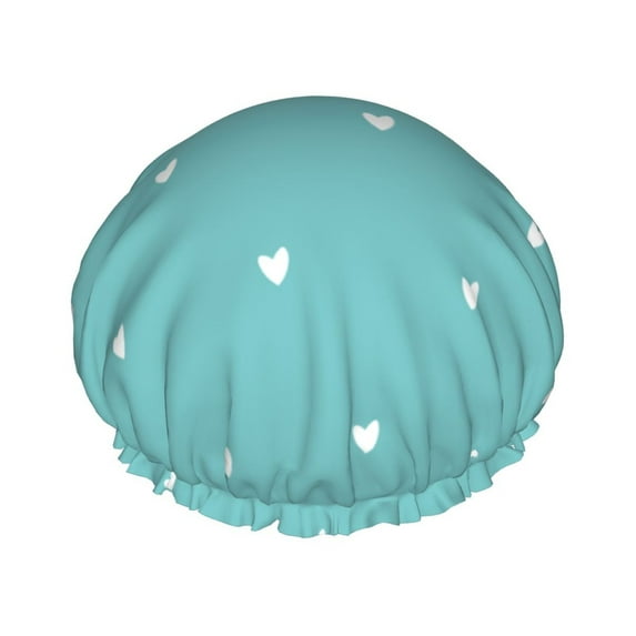 YFYANG Women's Double Waterproof Shower Cap, Blue Heart Pattern Reusable Hair Cap for All Hair Styles and Head Sizes