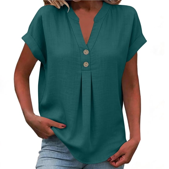 Uootdi Womens Tops Multi Color V Neck Short Sleeve Blouse Button Detail Cotton Linen Fabric Relaxed Fit Daily Dressy Casual Fashion Blouses Gift