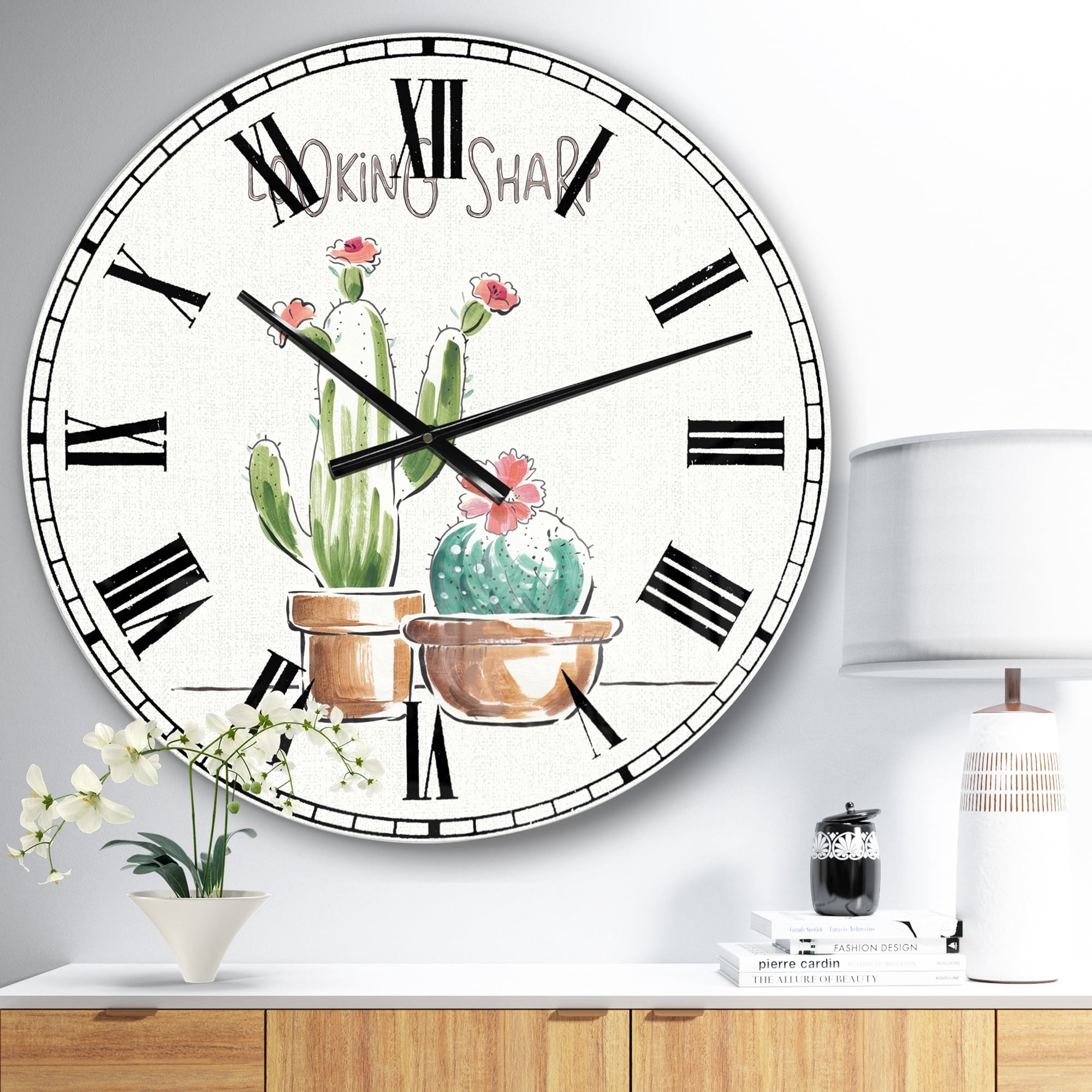 Designart Desert Botanical Bloom I 23" x 23" Analog Round Farmhouse Wall Clock, CLM30894-C23