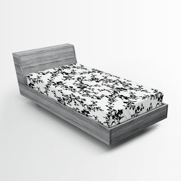 Ambesonne Floral Fitted Sheet, Baroque Blooms Vintage, Twin Size, Black and White