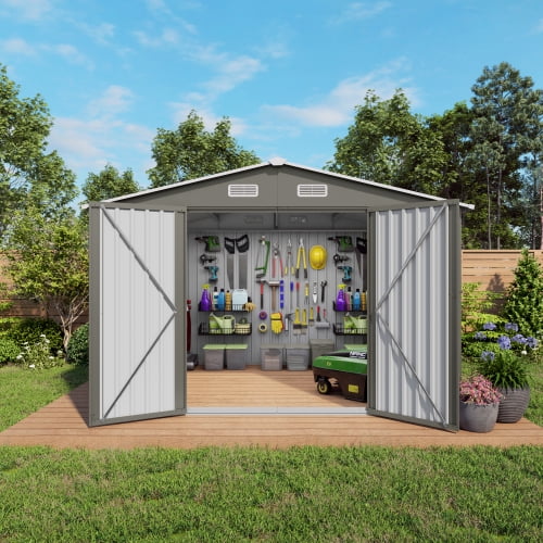10x8 FT Outdoor Metal Storage Shed with Lockable Double Doors, Clear Window & Air Vent, Large Garden Tool Shed for Lawn Mowers, Bikes, Patio Furniture, Trash Bins, Backyard, Gray