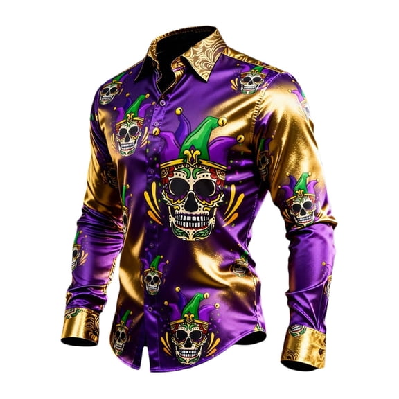 CONZONE Men's Buttons Down Shirts Long Sleeve Mardi Gras Shirts For Men Trendy Carnival Skeleton Graphic Lapel Soft Lightweight Tops