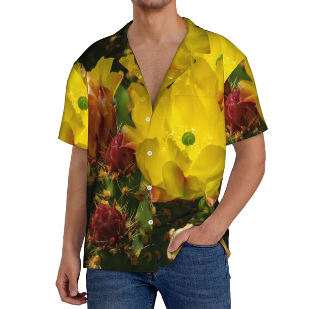 Balery Cactus Flowers Camisa Casual de Manga Corta con Botones para Hombre, Texturizada, Estilo Cubano, para Playa, Verano-X-Large