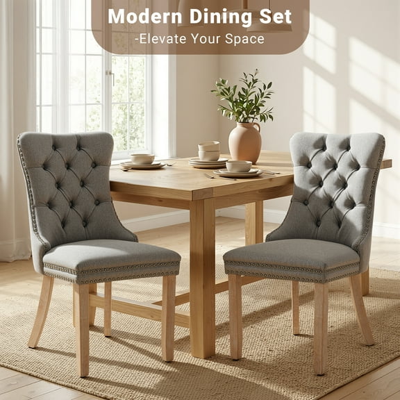 Upholstered Dining Chairs Set of 2, Segmart Modern Fabric Dining Room Chair with Nailhead Trim and Wood Legs, Mid-Century Accent for Living Room, Kitchen, Gray