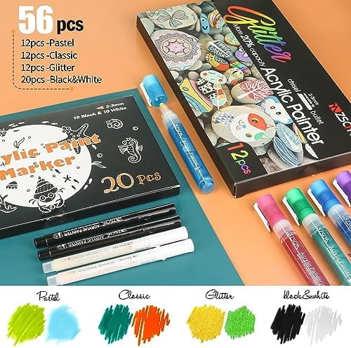 Paint Pens Acrylic Markers, ZSCM 56 Colors Paint Markers for Halloween Pumpkin Painting, Metallic Art Marker, for Adults Card Making, Rocks Painting, Wood Slices$$Art & Craft