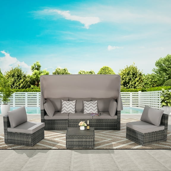 5 Pieces Outdoor Daybed with Retractable Canopy,Patio Wicker Sunbed Furniture Set with Storage Side Table and Sofa Cushions for Backyard, Porch, Garden,Light Gray