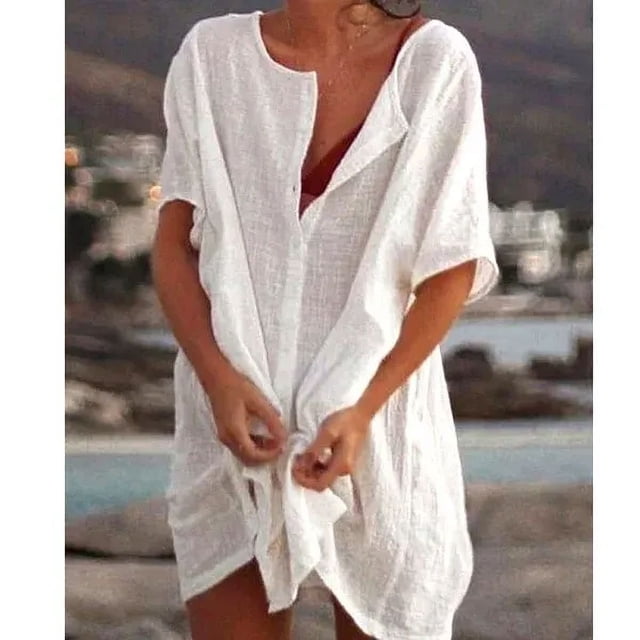 JUNWELL 2024 Robe de Plage en Coton et Lin pour Femmes, Unie, Décontractée, Midi, Douce, Ample, Tunique, Robe Chemise, P-5TG