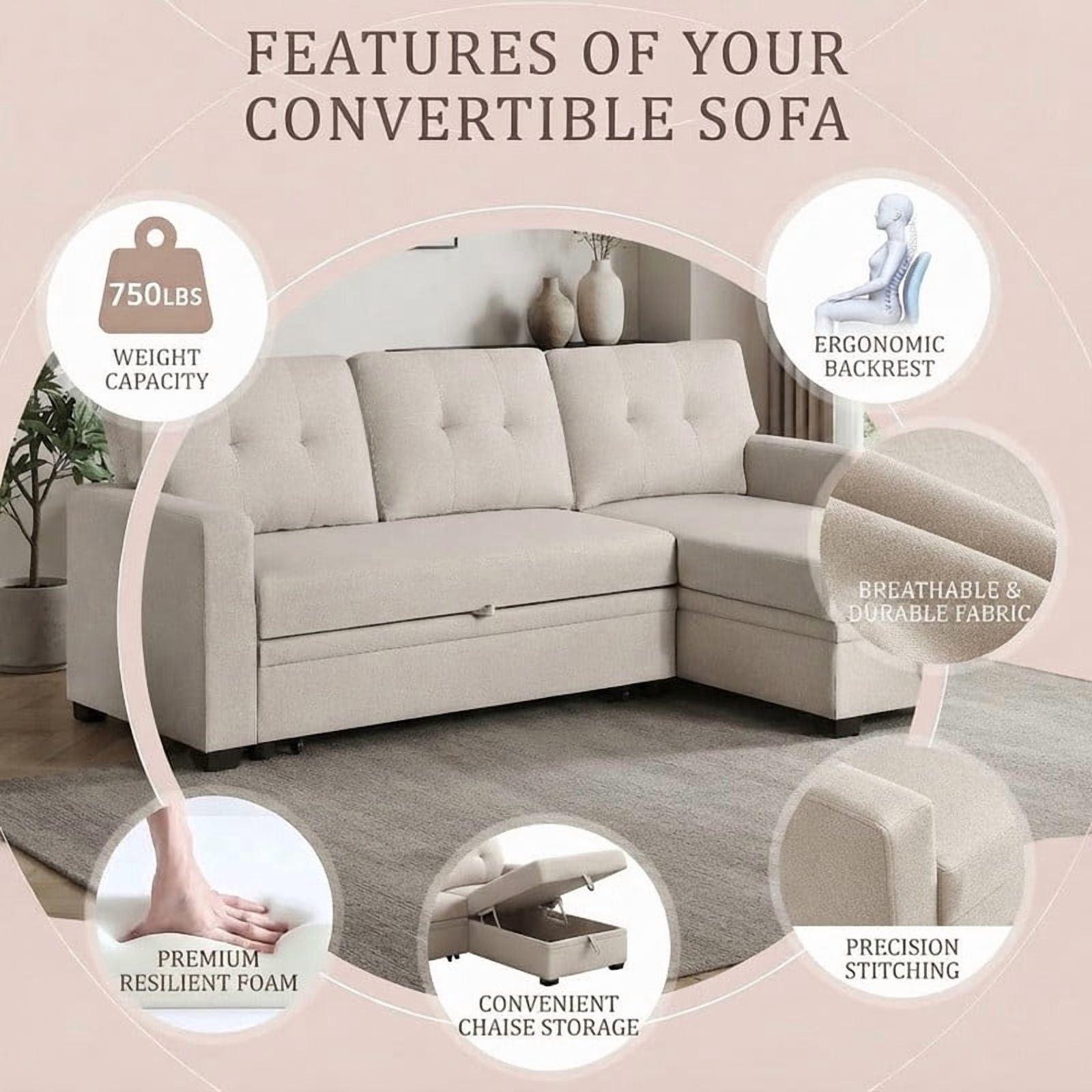 82" L-Shaped Convertible Sleeper Sectional Sofa with Pull-Out Bed, Storage Chaise, Removable Back Cushions, Modular Corner Couch for Living Room, Apartment, Home Office