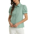 thumbnail image 4 of INSPIRE CHIC Women's Puff Short Sleeve Turn Down Collared Work Office Button Down Shirt XS Green, 4 of 6