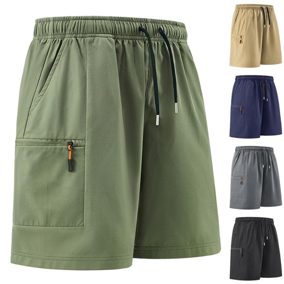 Bxsruta Men's Elastic Work Shorts with Multiple Pockets, Quick-Dry Polyester Stretch for Hiking, Work & Travel, 5-Pocket Design & Drawstring Waist