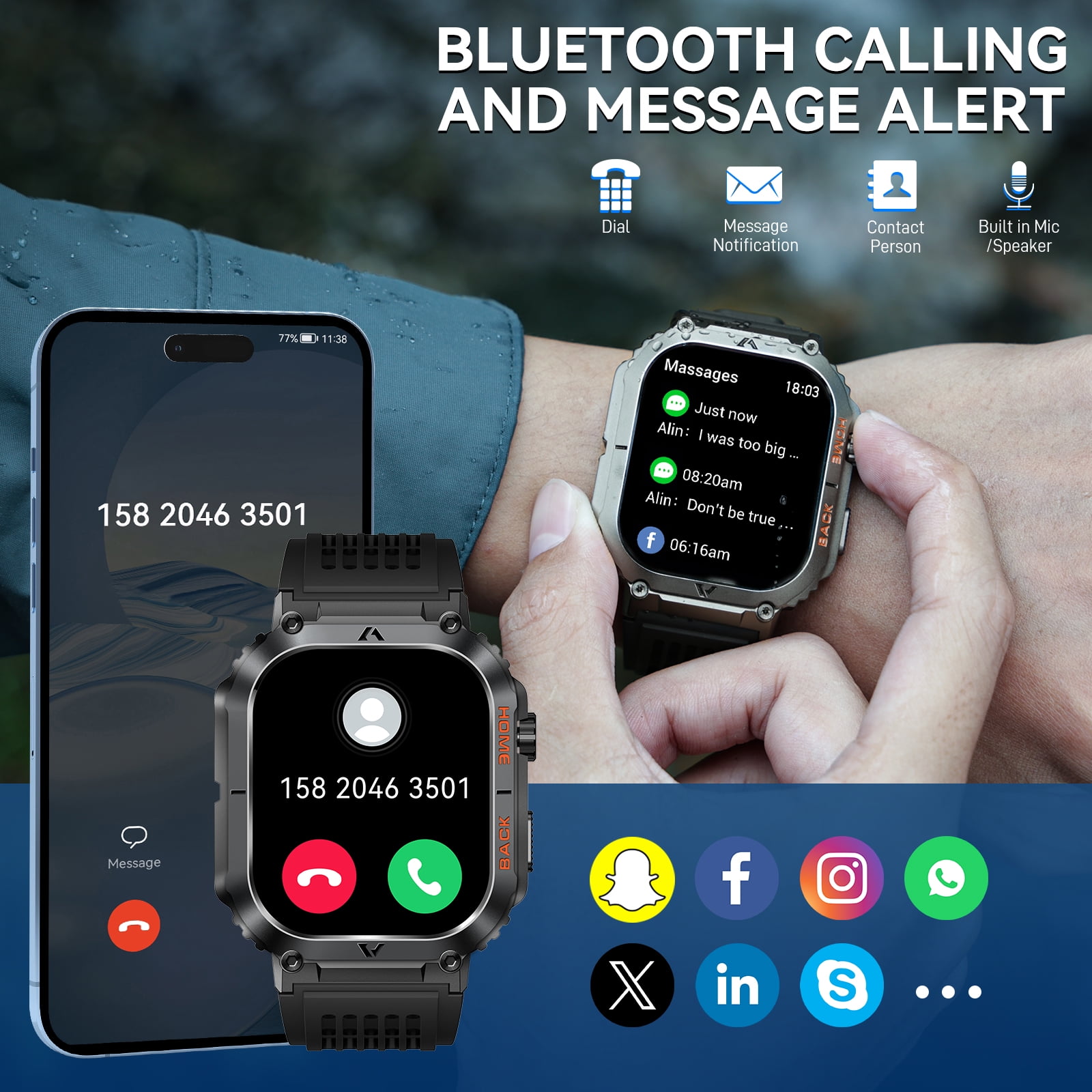 Cyberdyer Military Waterproof, Rugged, Compass Fitness 2.02" Black Case with Black Band Smart Watch