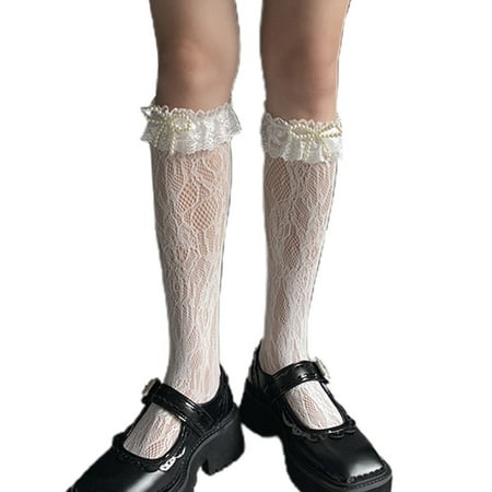 

Women Lolita Frilly Ruffle Lace Knee High Socks Pearl Bow Hollow Mesh Stockings
