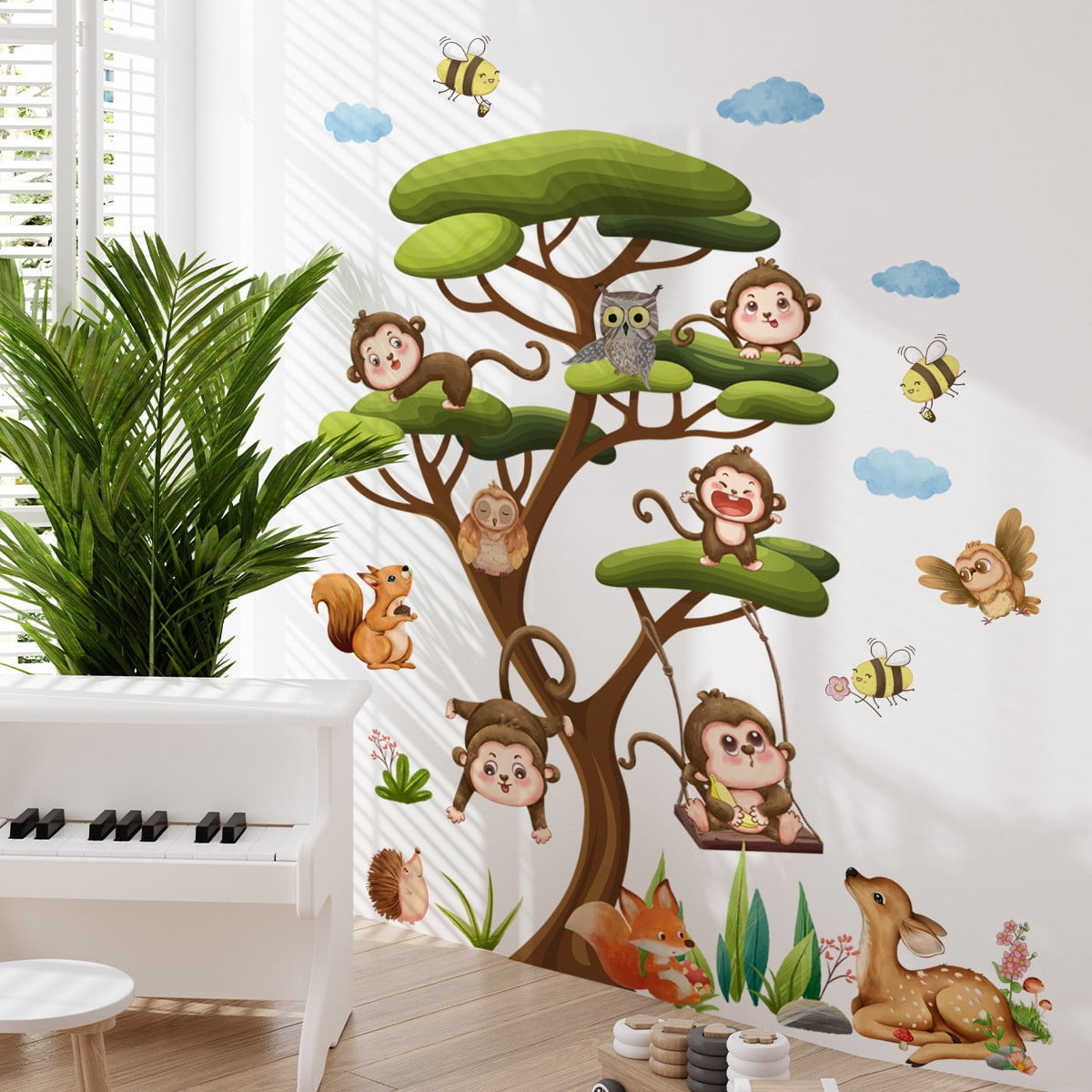 COVPAW Jungle Animal Wall Decals - Owls, Monkey, Tree, Bear Nursery Kids Room Stickers