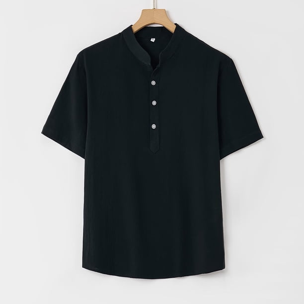 Ceisia Men's Shirt | Loose Stand Collar Short Sleeve Cotton-Linen Shirt | Breathable Textured Wrinkle (Multiple Solid Colors) Gift