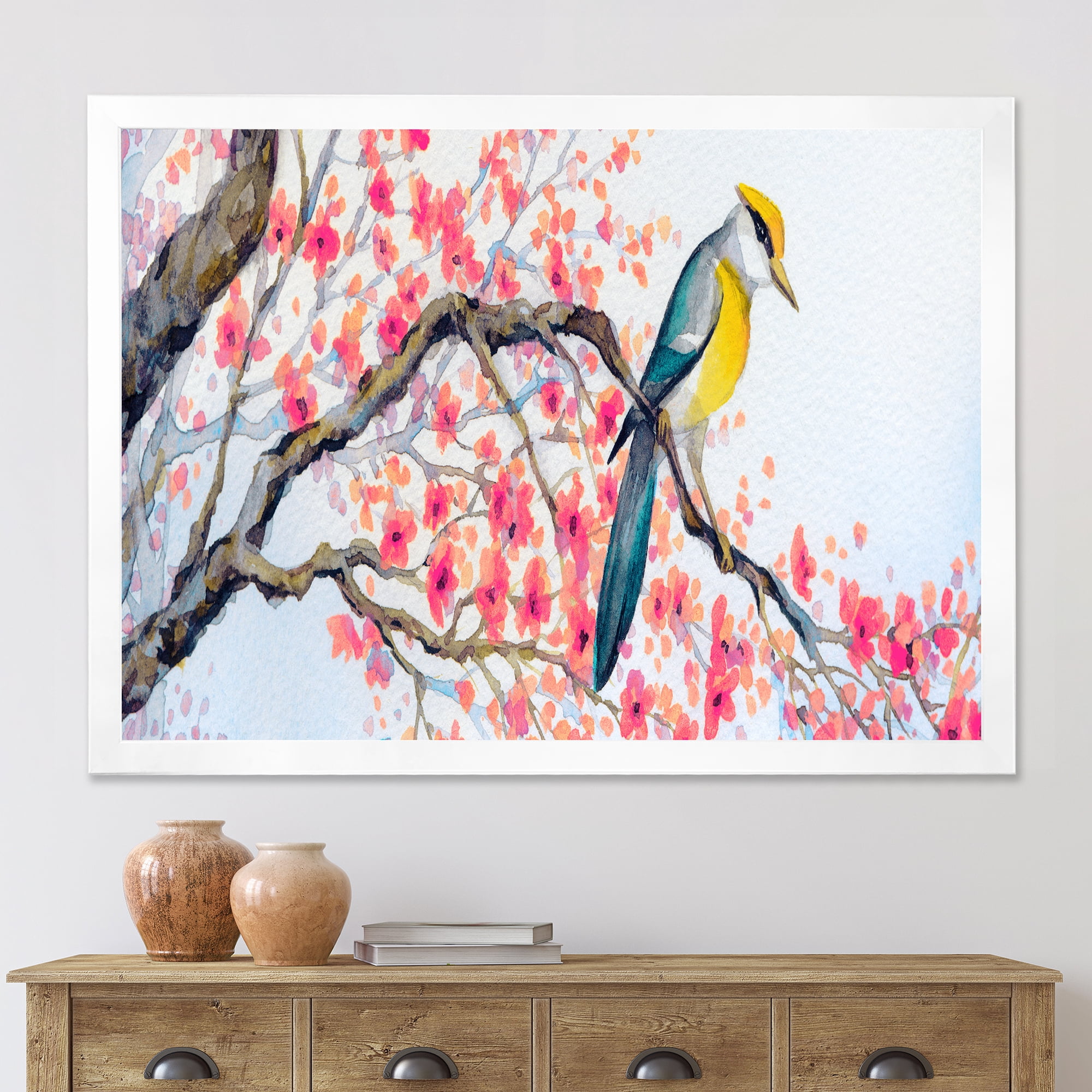 Beautiful Pink Bird Sitting On Flowering Branch I 32 in x 24 in Framed Painting Canvas Art Print, by Designart