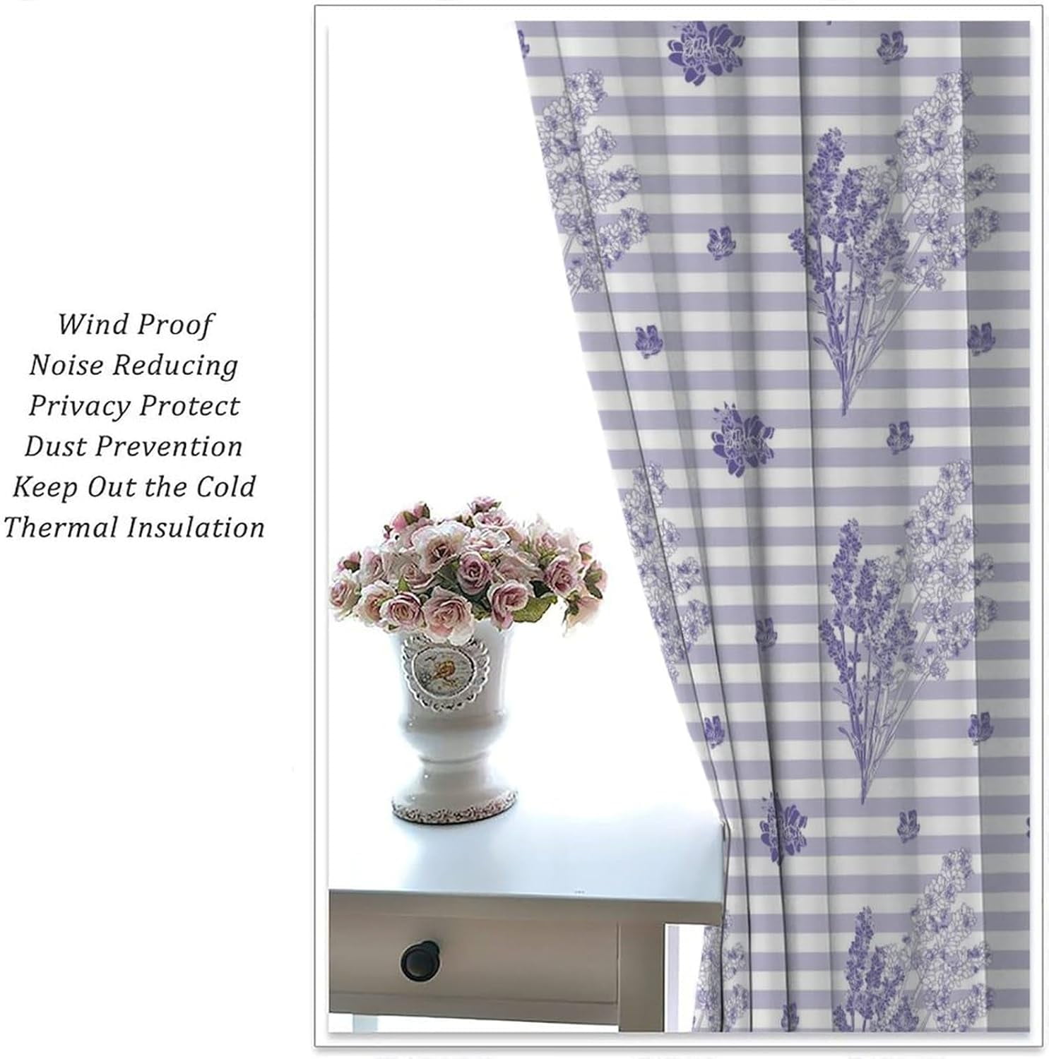 Lavender Floral Curtains - Purple Stripe Print Living Room Curtains for Girls - Blackout Comfortable Elegant 52x84 Inch 2 Panels