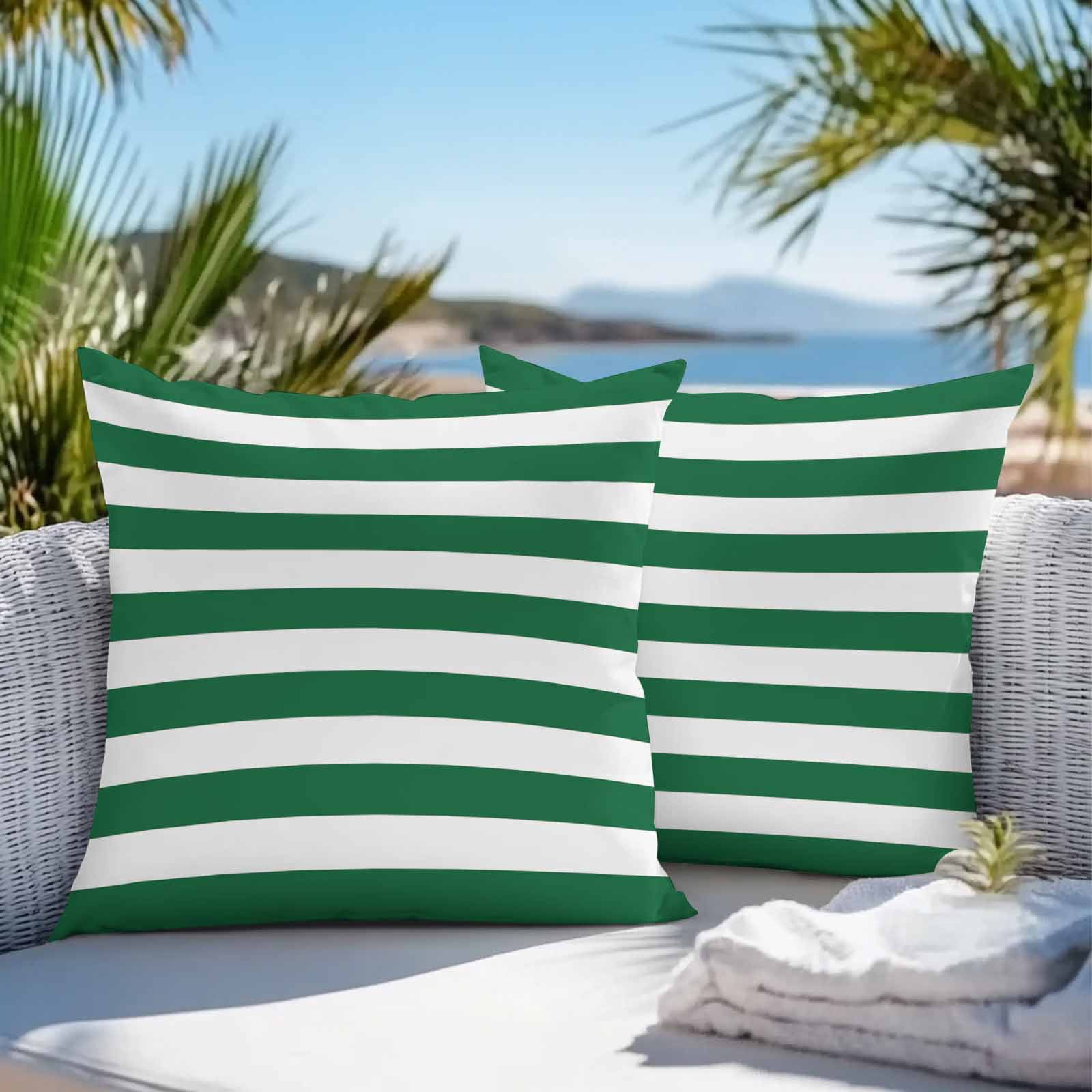 Outdoor Waterproof Throw Pillow Covers Set of 2 Merry Christmas Decorative Pillowcases Square Outdoor Pillows Cushion Case 18x18 Inch Green And White Stripes Patio Pillows for Couch Sofa Bed Garden