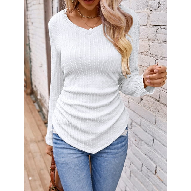 Solid V Neck T-Shirt, asymmetrical Hem Long Sleeve Top, Women's Clothing