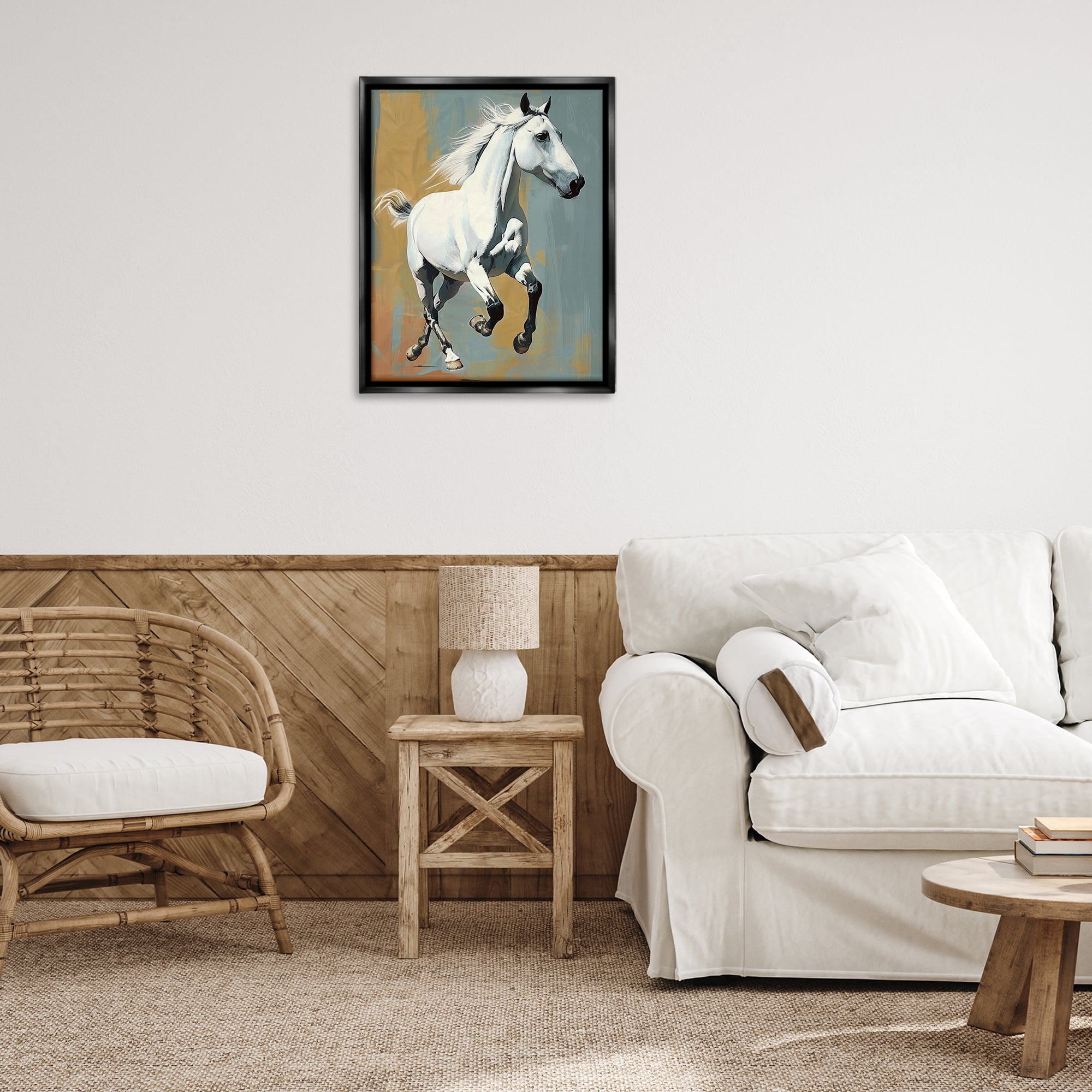 Stupell Industries Elegant Jumping Horse Animals Painting Black Floater Framed Canvas Art Print Wall Art, 25 x 31
