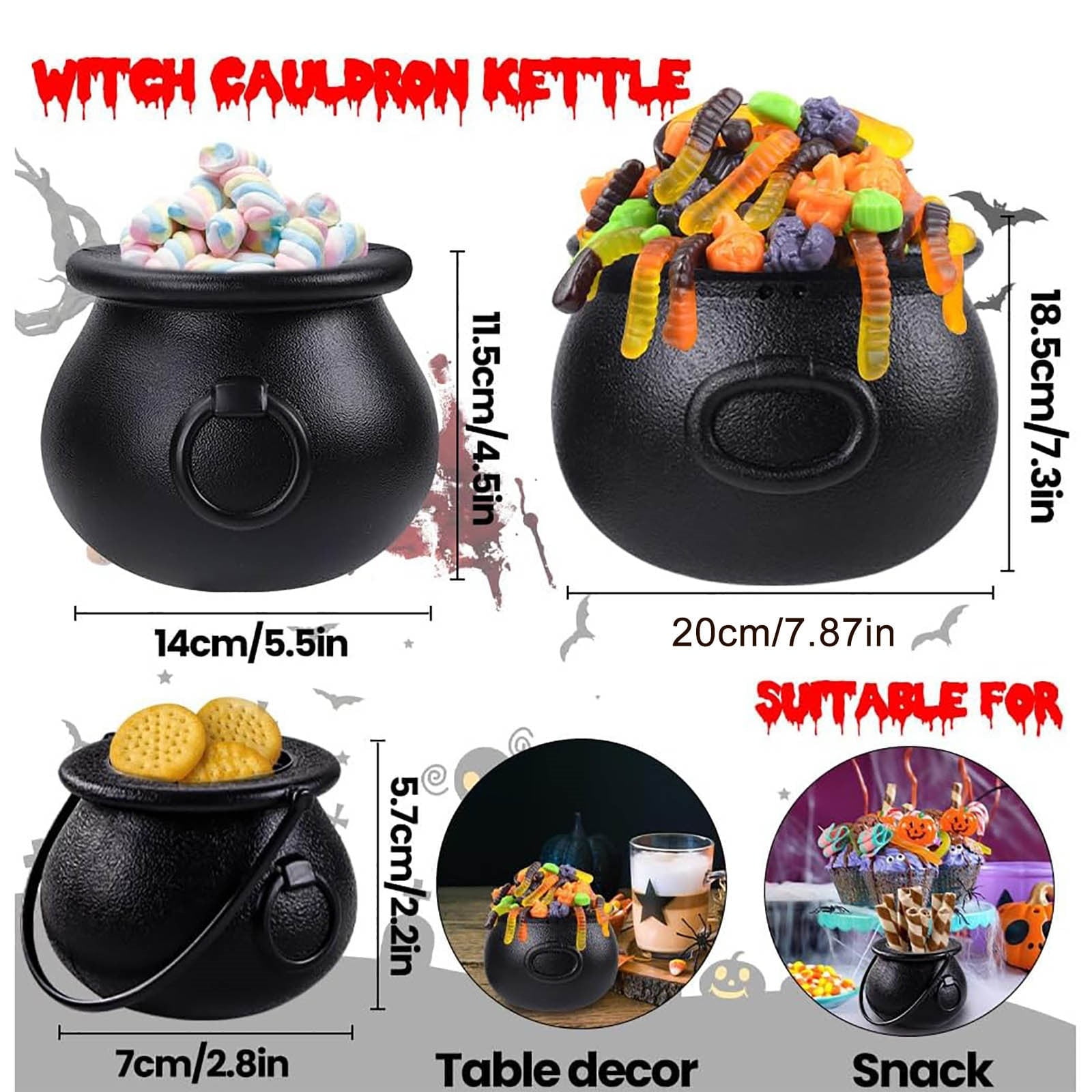 3-Piece Halloween Witch Cauldron Set – Black Plastic Candy Bowls For Party Decor & Trick-or-Treating