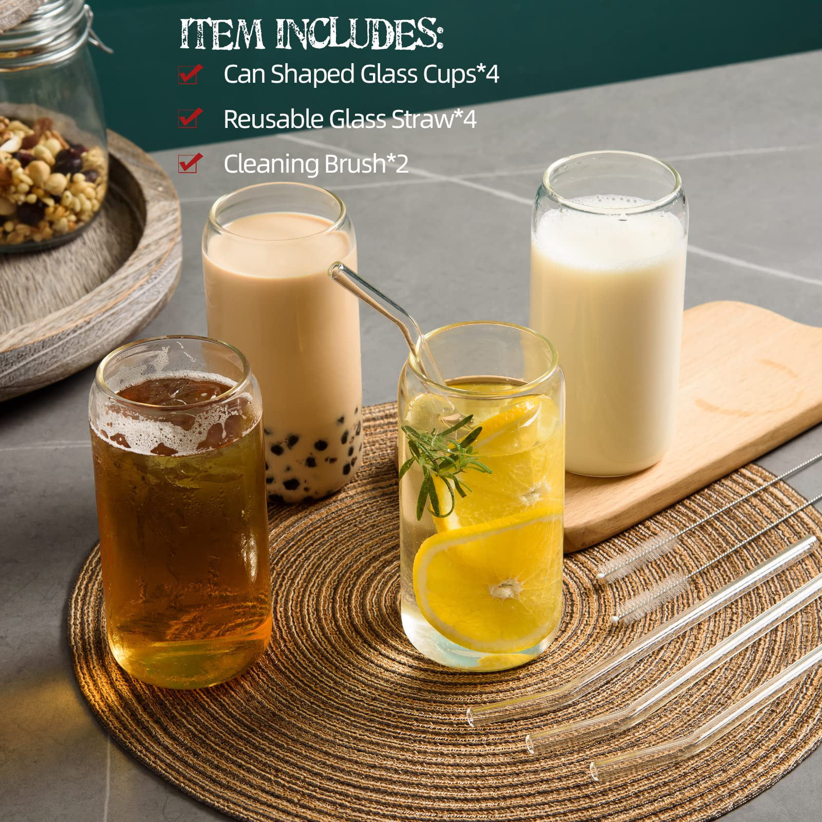 [ 6pcs Set ] Glass Cups with Bamboo Lids and Glass Straw - Beer Can Shaped,  16 oz Iced Coffee Drinki…See more [ 6pcs Set ] Glass Cups with Bamboo Lids