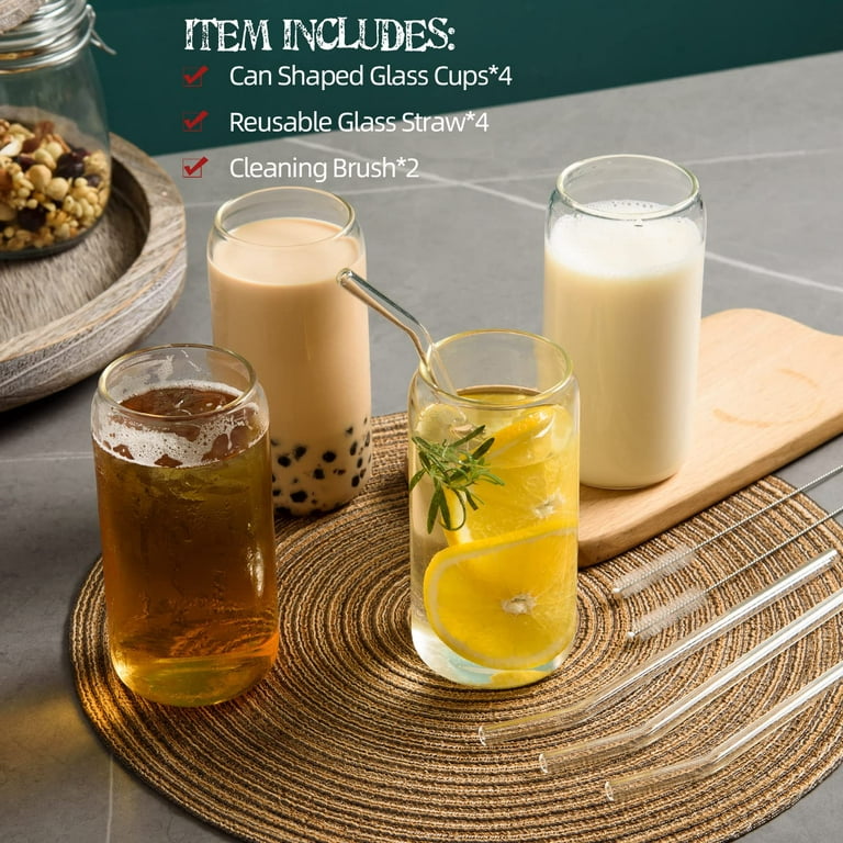 20 Oz Drinking Glasses with Bamboo Lids and Glass Straw - 6 Pcs Can Shaped  Glass Cups