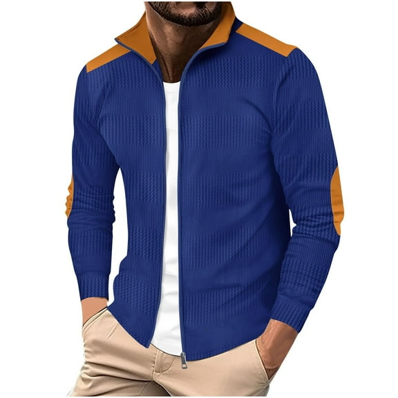 GuangCheng George Mens Color Block Zip Up Jackets,Textured,Knit Sweater,Casual Outerwear,with Ribbed Trim and Stand Collar,Blue,3XL