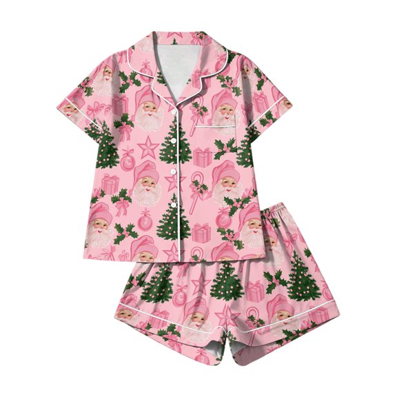 Christmas Pajamas for Women Holiday Cute Funny Xmas Print Button Short Sleeve Shirt Matching Shorts 2 Piece Pjs Set Multicolor L