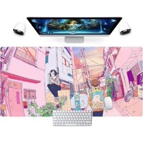 Pink Desk Mat, Anime City Gamer Mouse Pad, Pastel Gaming Large Mousepad, Kawaii Office Decor for Women Keyboard Mat, Cute Pink Desk Pad with Stitched Edges and Non-Slip Rubber Base Computer Mat