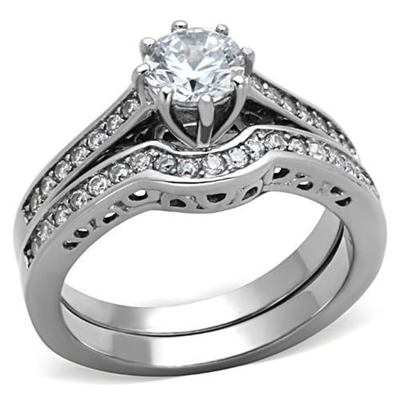 Women's Stainless Steel Engagement Ring with AAA Grade Cubic Zirconia - Size 8