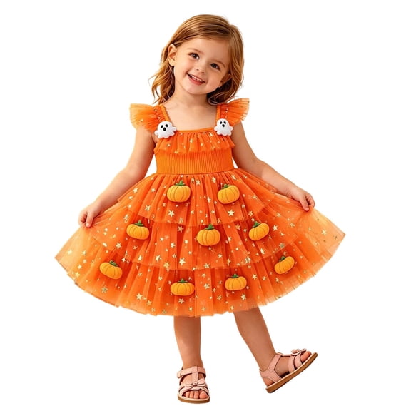 OOOUM Girls Tutu Dress Kids Strap Tiered Halloween Party Dress Toddler Pumpkin Decor Flutter Sleeve Outfits 3-4 Years