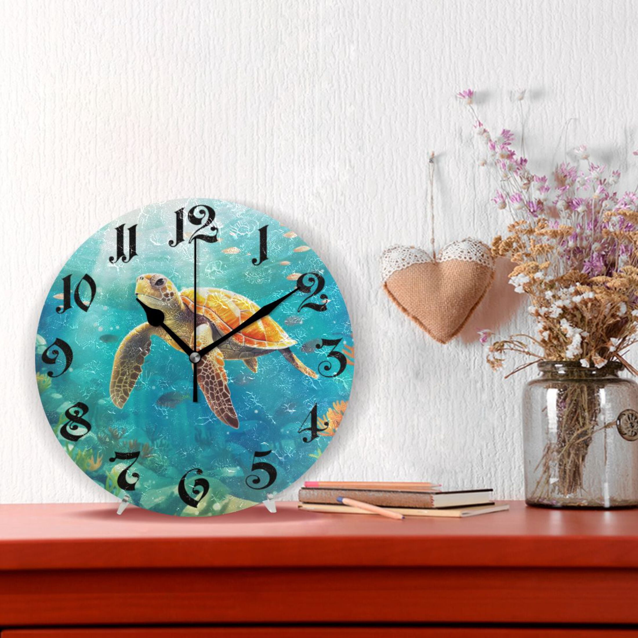 Silent Wall Clock Sea Turtle 10" Non-Ticking Battery Clock Rustic Retro Home Decorative for Living Room Kitchen Bathroom