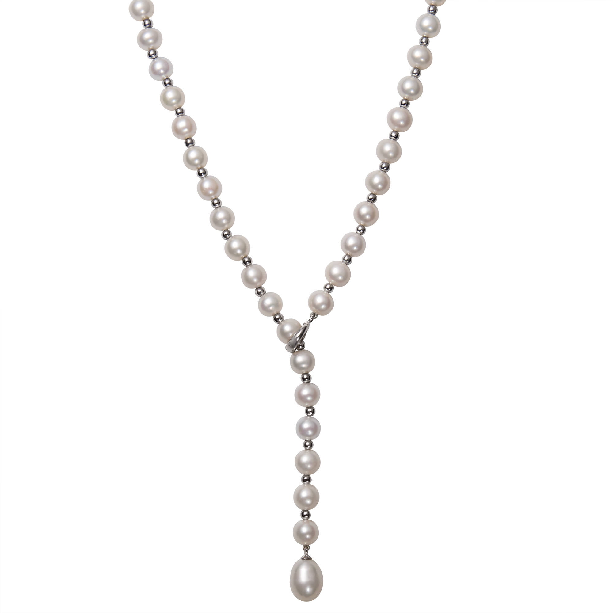 7-9.5mm Cultured Freshwater Pearl and Sterling Silver Bead Y-Shaped Lariat Necklace, 21" by China Pearl