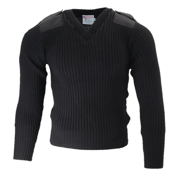 New 100% Wool V-Neck Commando Sweater W/Reinforced Cotton Shoulders, Elbow Patches, and Epaulets, Black, Made in USA— Small