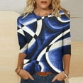 thumbnail image 2 of Women's Coloured Printed T-shirt 3/4 Sleeves Pullover Round Neck Blouse 2025 Trendy Casual Tops,Dark Blue,XL, 2 of 5