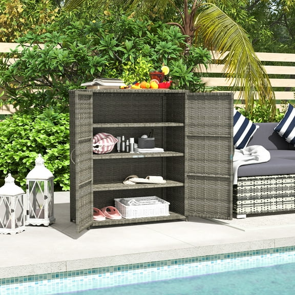 Outsunny Wicker Outdoor Storage Cabinet with Shelves, 2-Door Rattan Outdoor Pool Towel Storage Cabinet for Garden, Backyard, Porch, Mixed Gray