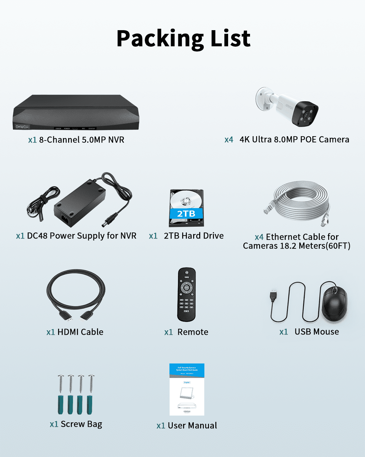 OHWOAI 4K PoE Security Camera System with 100FT Super Night Vision, 4 Cams, 8CH NVR, 2TB HDD