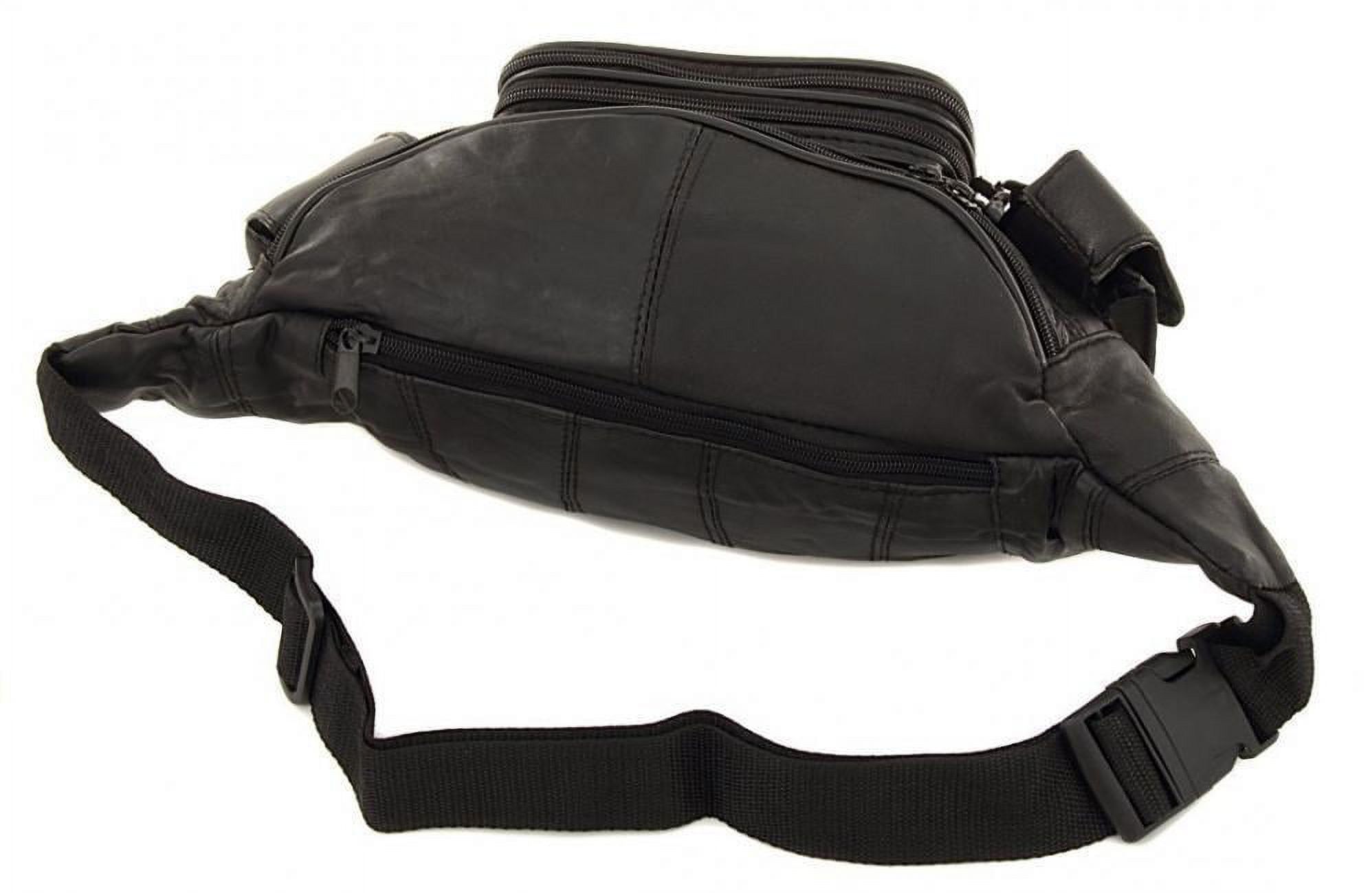 New Large 8 Pocket Genuine Leather Waist Hip Lumbar Fanny Fannie Pack Bag Black with Dual Cell Phone Pockets and Dual Organizer