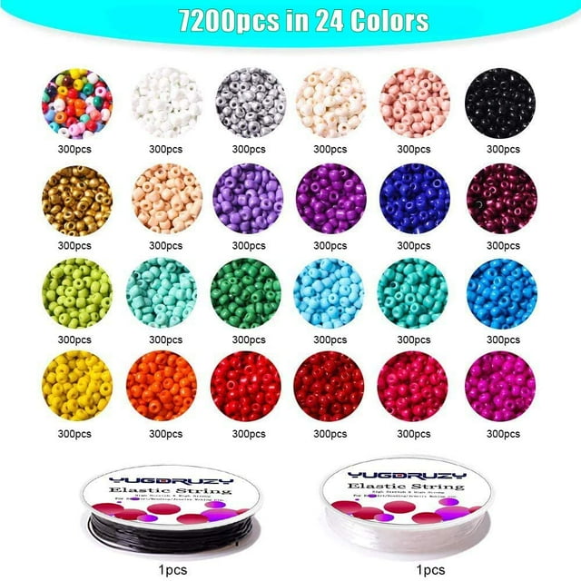 Multicolor Beading Glass Seed Beads Bulk- 7200PCS 4mm 6/0 Pony Beads Kit Small Tube Round Beads Assorted Kit Opaque Beads Supplies with Crystal Rope for Jewelry Bracelet Making & Beading