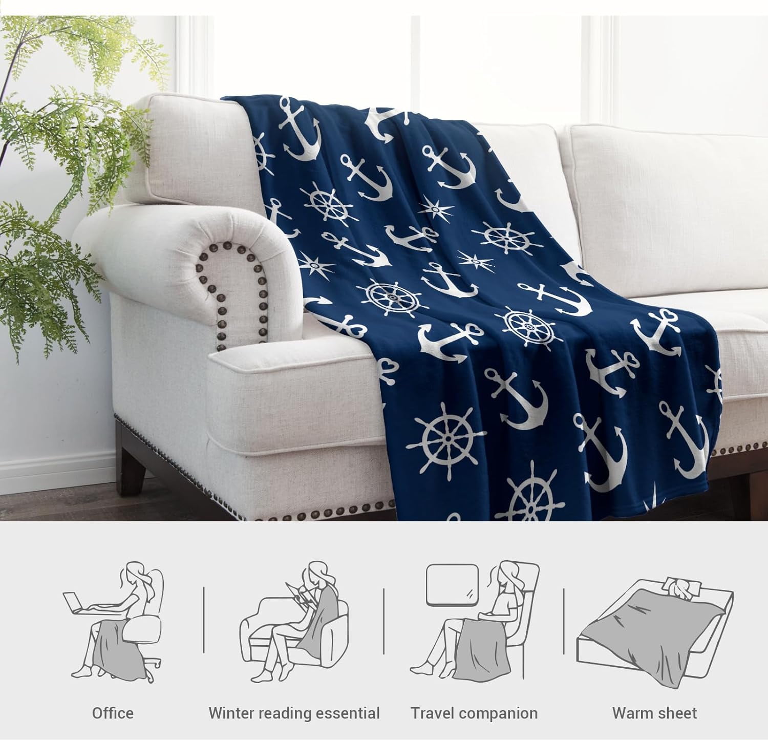 Nautical Anchor Blanket Gifts for Men Women Boaters Sailors Birthday Christmas for Dad Husband Son Fathers Day Presents Sea Ocean Boat Steering Wheel Theme Navy Throw Blankets Dark Blue