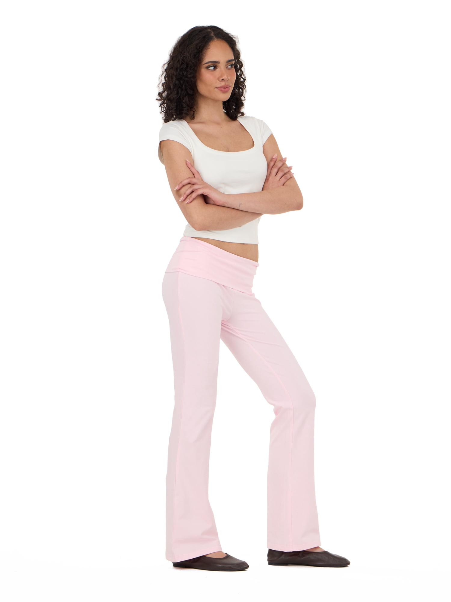 Forever 21 Women's Jersey Fold Over Waist Pants with Graphic Detail, Flare Leg Lounge Pants, Stretch Casual Everyday Comfort Style, Pink, XXS-4X