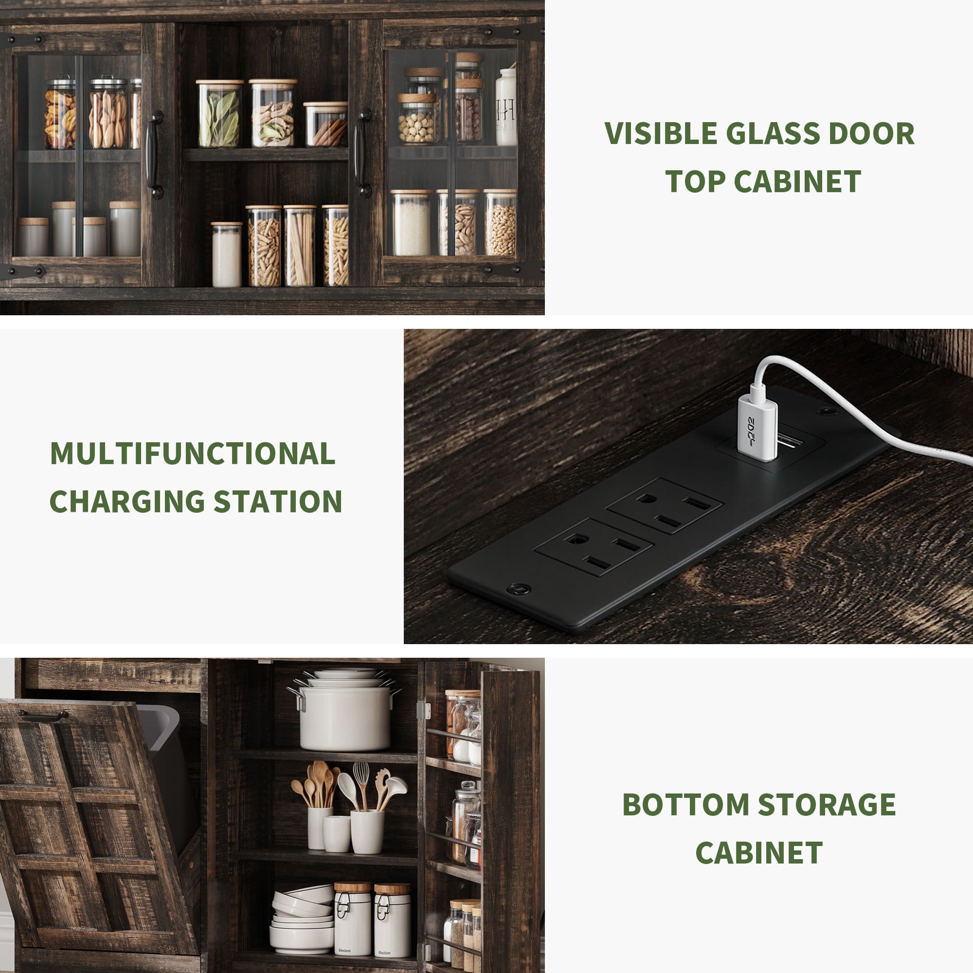 Uforic Kitchen Pantry Cabinet with Doors & Drawers, Storage Cabinet Fits 10-gal Trash Can, Rustic Oak