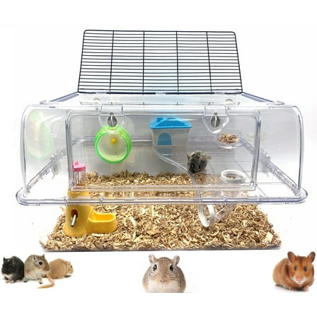 LARGE Acrylic Clear 2-Floors Hamster Mansion Mouse Habitat Hedgehog Home Guinea Pig Home with Solid Platform Running Wheel Water Bottle Tower Food Bowl Hide House Deep Base Ground